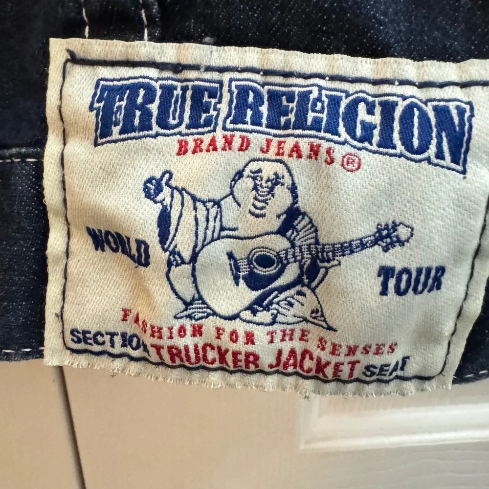 True Religion World Tour Denim Trucker Vest Dark Wash Horseshoe Pocket Y2K Biker